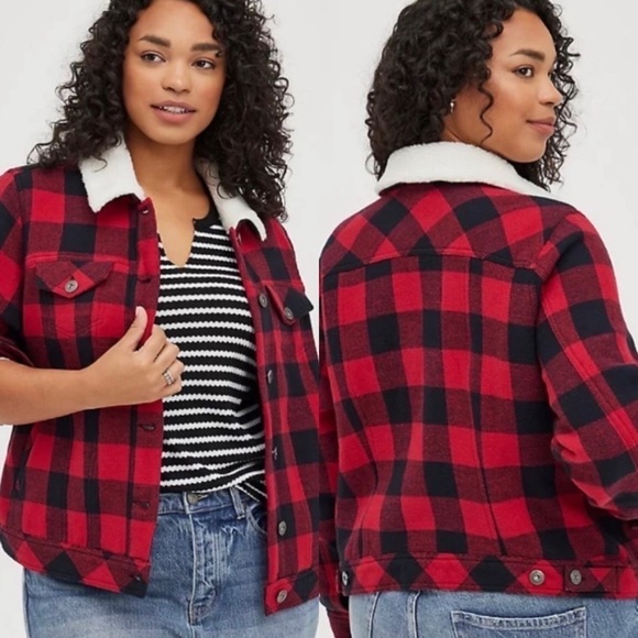 NWT Torrid Trucker Jacket In Red Black Buffalo Check Plaid - Picture 1 of 10
